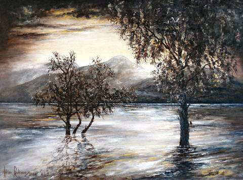 setting sun lake district oil painting