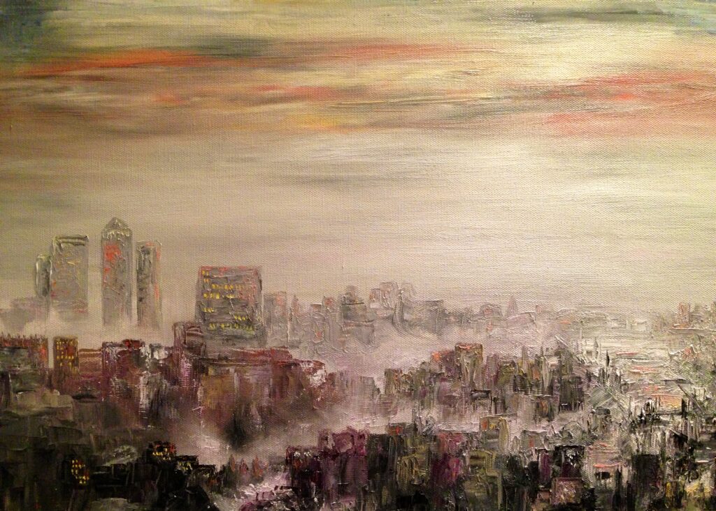 foggy city oil painting